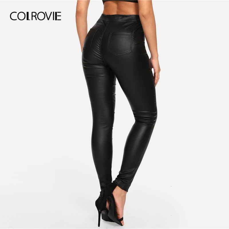 COLROVIE черные длинные узкие штаны с высокой талией женские повседневные однотонные брюки осенние модные пуговицы летающие уличные брюки