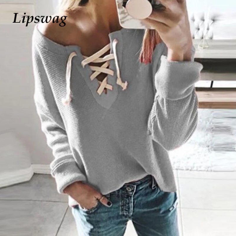 

Lipswag Women Blouses 2019 Autumn Long Sleeve Solid Color Shirt Lady Off Shoulder O-neck Lace-up Elegant Tops Streetwear Blusas