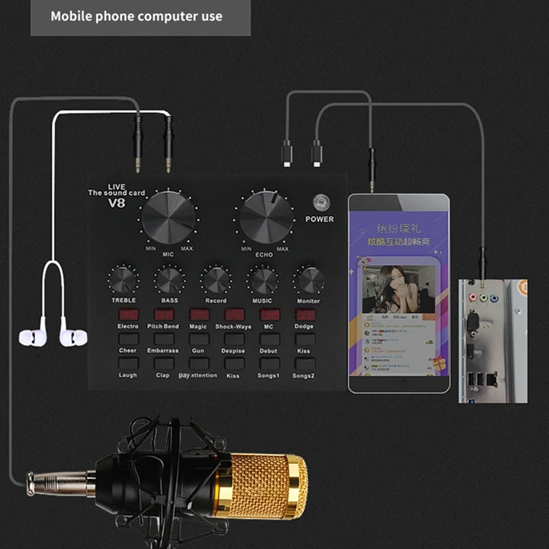 V8 звуковая карта Аудио Набор интерфейс внешний Usb живой микрофон звуковая карта Bluetooth функция для компьютера Pc мобильный телефон Синг