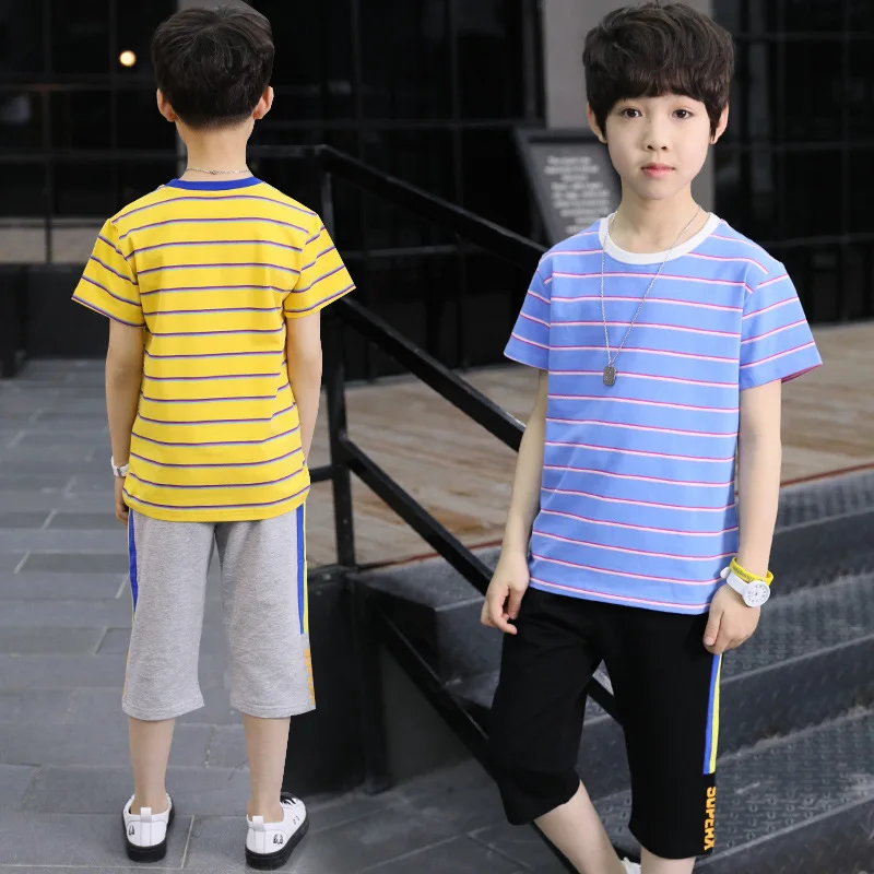 Одежда для мальчиков лето г., повседневный костюм для малышей Хлопковая полосатая футболка с короткими рукавами+ штаны Одежда для детей от 4 до 12 лет