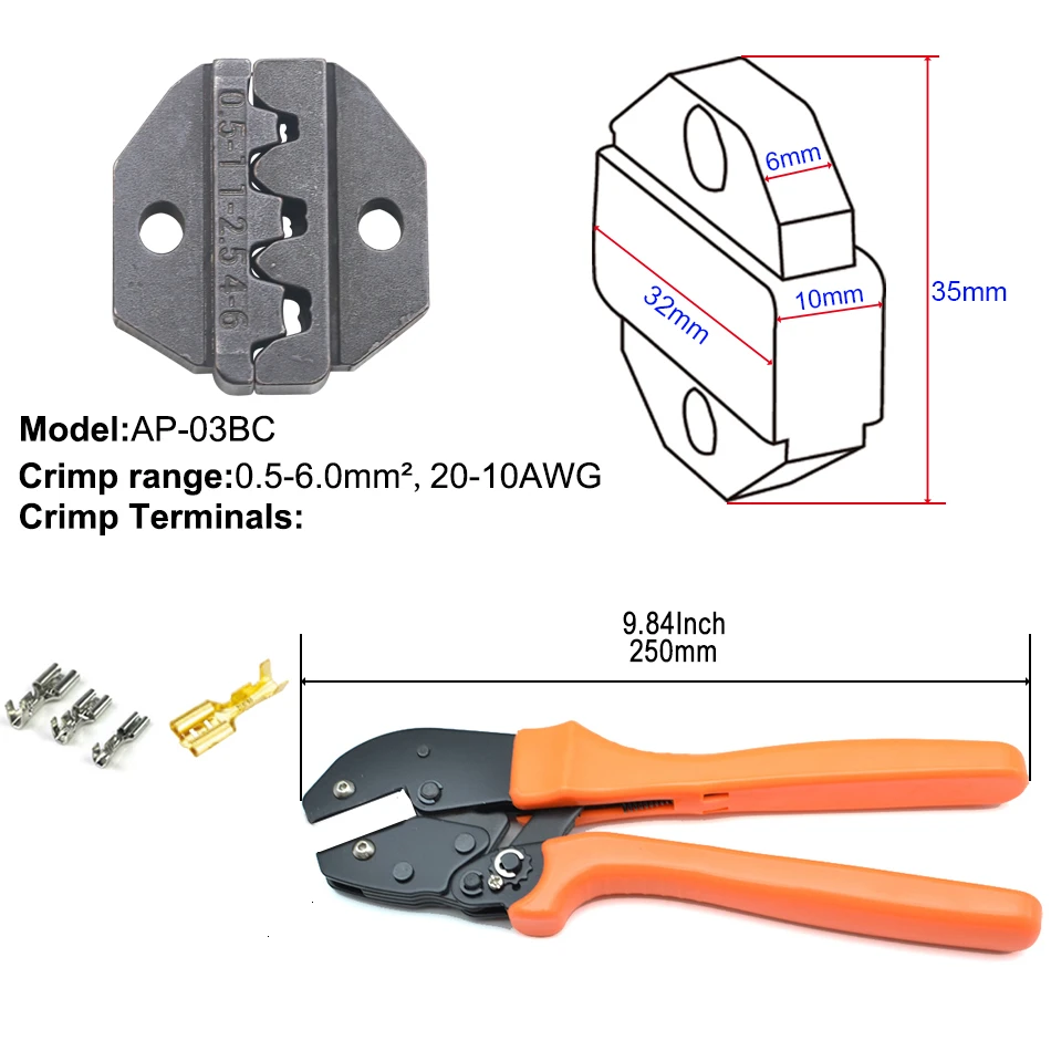 Обжимной инструмент 250 мм трещотка провода щипцы и сменные штампы для термоусадочных разъемов неизолированные наконечники - Цвет: 03BC