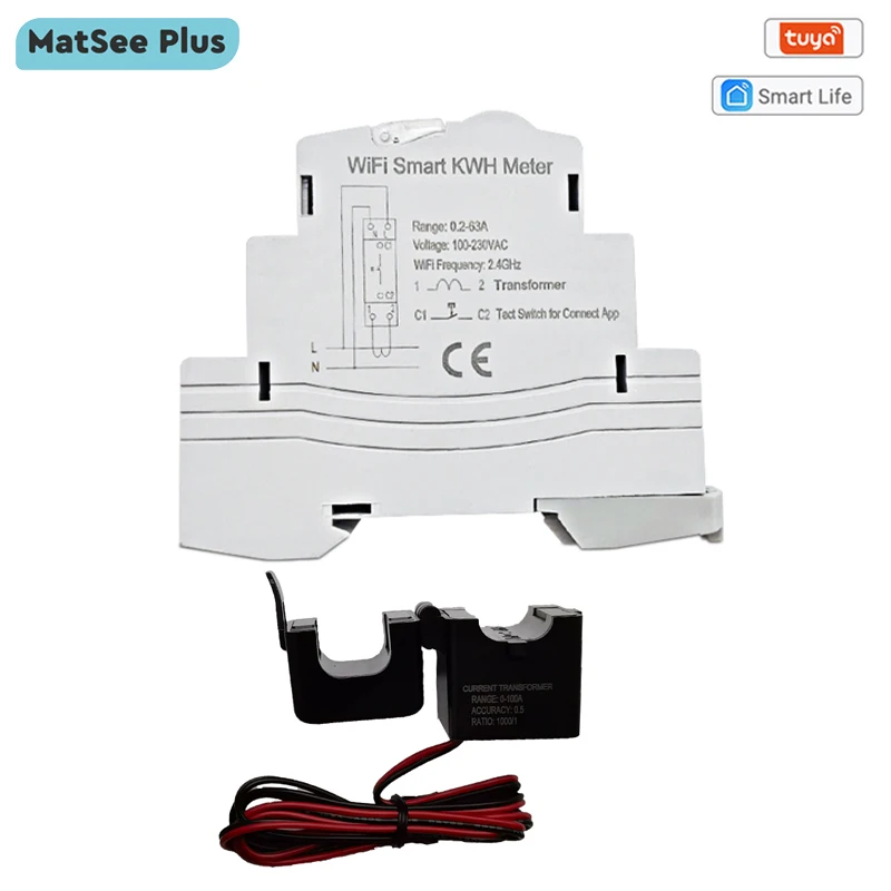 Tuya Smart WiFi Electric KWH Meter Din Rail Single Phase 110V 230V with 50A 63A CT AC App Мониторинг мощности в режиме
