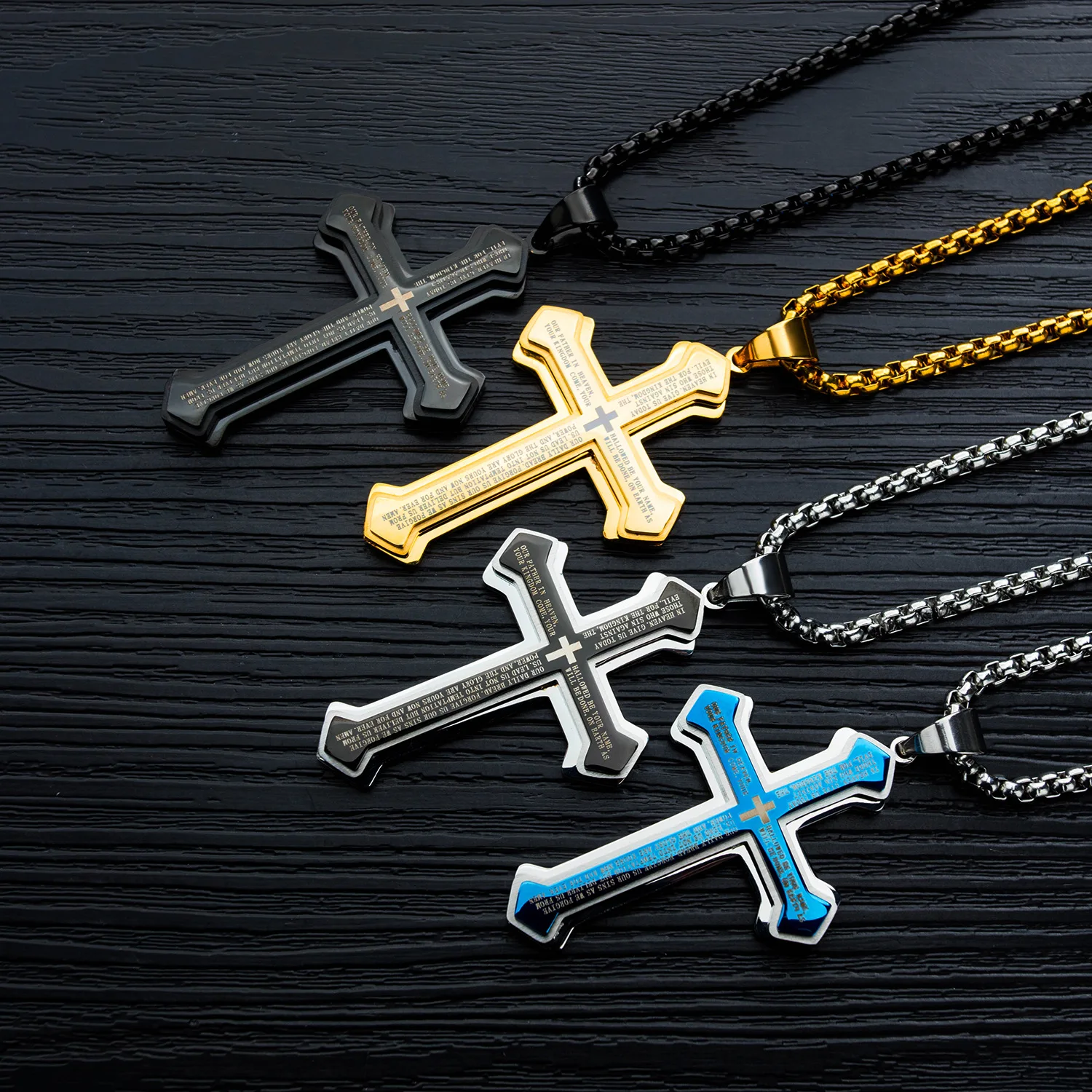 

Best selling jewelry titanium steel men's necklace three-layer cross Bible new trend men's pendant men