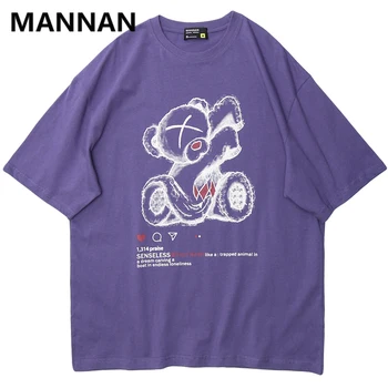 

MANNAN 2020 Hip hop Streetwear mens clothing Harajuku Loose Short Sleeve Angry Bear Print Black whit T-Shirt Fashion tee shirt