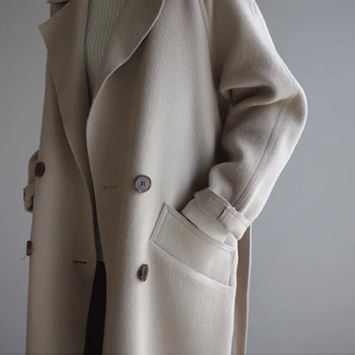 Корейская версия зимнего шерстяного пальто Простой Длинный рукав v-образный Вырез Свободный Жакет женский темперамент Тонкий размера плюс пальто женщина - Цвет: Бежевый