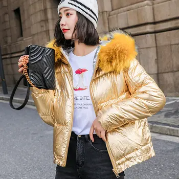 

2020 Glossy Down Cotton Parka Winter Women Jacket Fur Collar Hooded Warm Thick Short Parkas Coat Jackets Female Fashion Coats