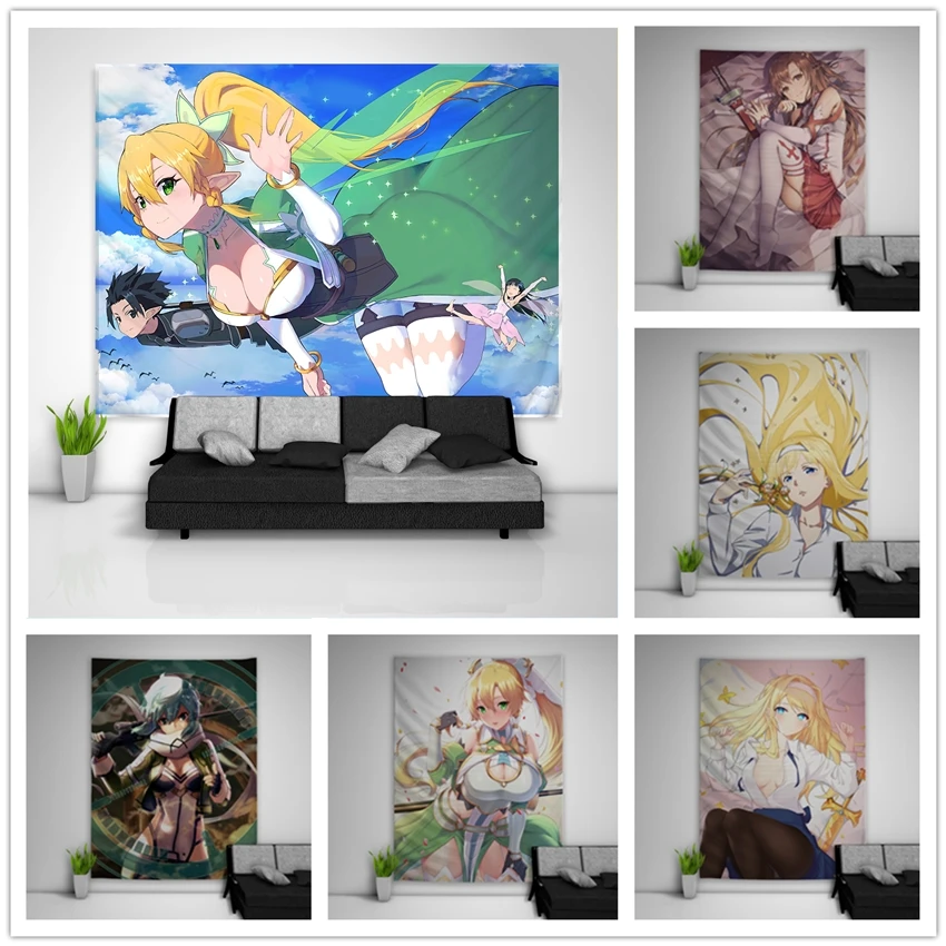 

Sword Art Online Asuna Sinon Leafa Alice Tapestry Art Wall Hanging Sofa Table Bed Cover Home Decor Dorm Gift