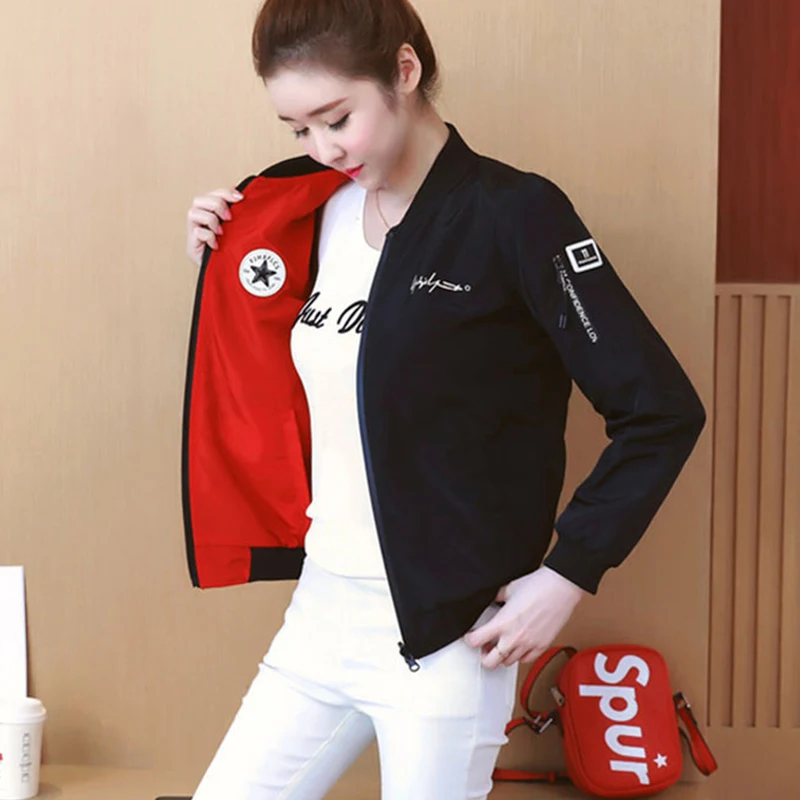 Outwear Baseball-Coats Bomber-Jacket Women Windbreaker Long-Sleeve Autumn Double-Sided