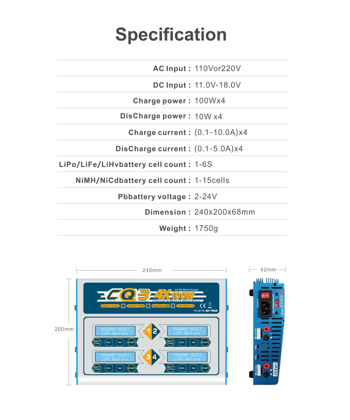 EV-пик 100 Вт x 4 CQ3 RC Баланс Lipo зарядное устройство Nimh Nicd литиевая батарея зарядное устройство СОП зарядное устройство с цифровым ЖК-экраном