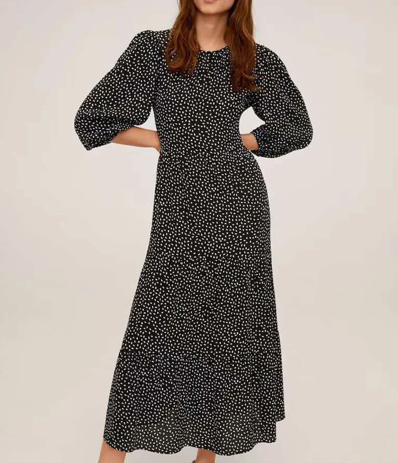 

Europe And America Y WOMEN'S Dress 2020 Spring And Summer New Style Elegant Fabric Midi-Dotted Print Long Sleeve Long Skirts