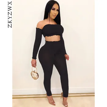 

ZKYZWX Sexy Knitted 2 Piece Set Women Clother Off Sholder Crop Top and Pant Suit Two Piece Club Birthday Outfits Matching Sets