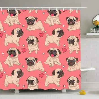 

Shower Curtain Set with Hooks 72x72 Domestic On Pattern Funny Girl Pugs Comic Beige Animals Wildlife Different Pose Textures