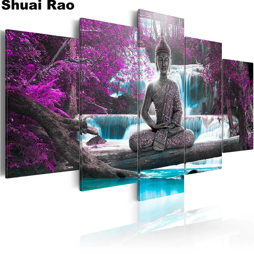 

Waterfall purple tree Buddha Statue 5d round Daimond Embroidery diamond painting full Square drill cross stitch mosaic 5 pcs set