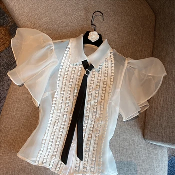 

Crop Top Women Spring and Summer Retro Bow Tie Organza Blouse Ladies Sexy Short Sleeve Tops Blusas Mujer De Moda 2020 Shirts