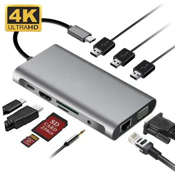 

USB HUB C 10 in 1 Thunderbolt 3 Type C Adapter Dock 3 USB 3.0 Port 4K HDMI 1080P VGA RJ45 Gigabit Ethernet For Macbook Pro