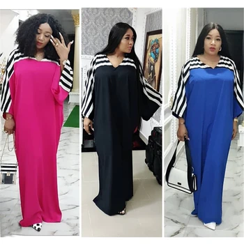 

Dashiki Plus Size African Dress Woman Loose V-Neck Stripe Pactchwork Robes Lady Casual Elegant Floor Length Long Dresses