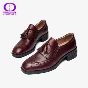 

AIMEIGAO Casual Brogue Carved Genuine Leather Shoes Women 2020 Spring Autumn Fringe Hand rubbing Flats Female Slip On Shoe Woman