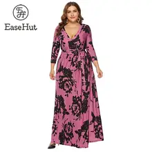 EaseHut 4XL 5XL 6XL размера плюс платье для женщин цветочный принт v-образный вырез 3/4 рукав Высокая талия пояс Макси длинное платье в пол