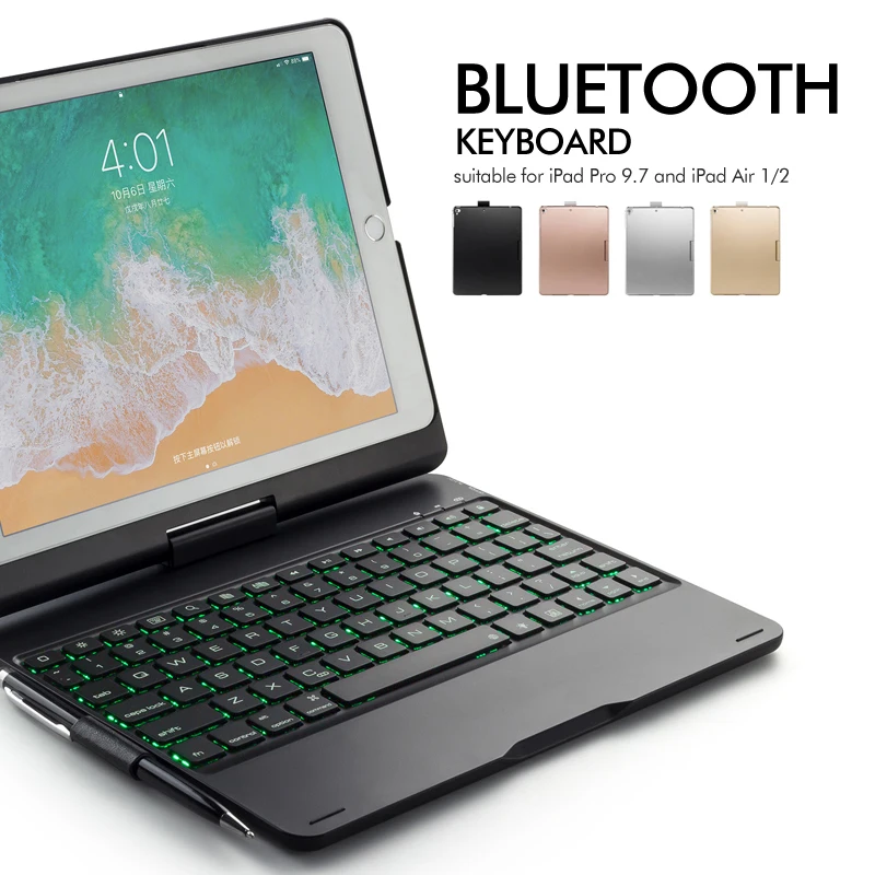[] Премиум Пластиковая Беспроводная Bluetooth клавиатура флип-Фолио для нового iPad/iPad pro/Air2/Air1 360 Вращающийся+ 7 цветов подсветка