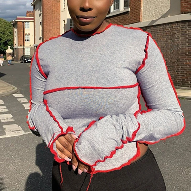 

Women Autumn Stacked Long Sleeve O-Neck T-Shirt Contrast Color Striped Patchwork Crop Top Curved Hem Casual Harajuku Slim Fit