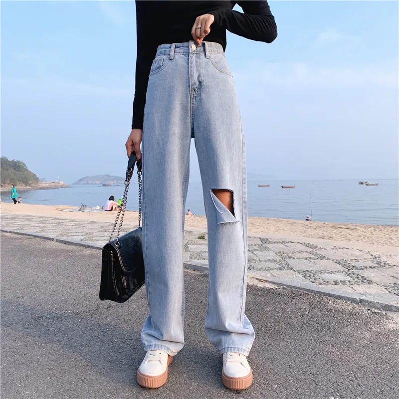 S-xl Осень корейский шик стиль женские джинсовые брюки повседневные светло-голубые рваные джинсы с высокой талией для женщин прямые брюки(Z8883