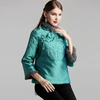 

Chinese Style Tang Suit Women Raccoon Fur Splice Short Cotton Padded Jacket Coat Vintage Flower Embroidery Casual Cheongsam Top