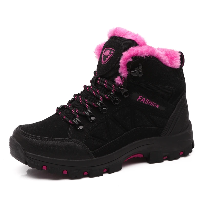 Мужские ботинки из коровьей кожи для пеших прогулок, водонепроницаемые спортивные Трекинговые ботинки, зимняя уличная альпинистская обувь с мехом - Цвет: (Women)Black