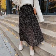 Женская длинная Плиссированная юбка с цветочным рисунком и подкладкой, зимняя Весенняя юбка с высокой талией в стиле бохо, корейская мода, юбки черного цвета
