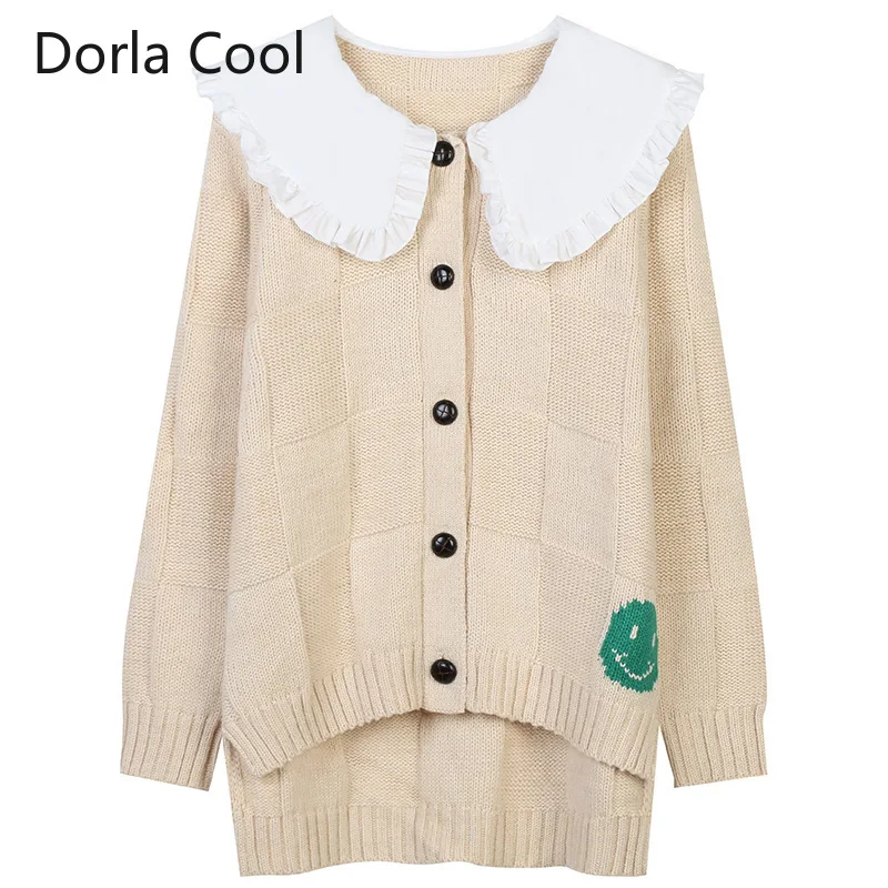 

High Street Women Sweet Cardigans Peter Pan Collar Loose Long Sweaters Knitted Irregular Party College Girl Thick Outerwear Coat