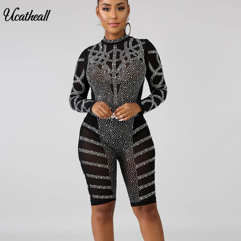 

Women Back Zipper Hot Drilling Rhinestones Bodycon Skinny Mesh See Though Playsuit Sexy Nightclub Short Jumpusit Romper