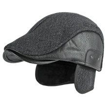 

HT3978 Beret Men Cap Thick Warm Autumn Winter Hat Retro Ivy Newsboy Flat Cap Male PU Leather Wool Earflap Hats for Men Beret Cap