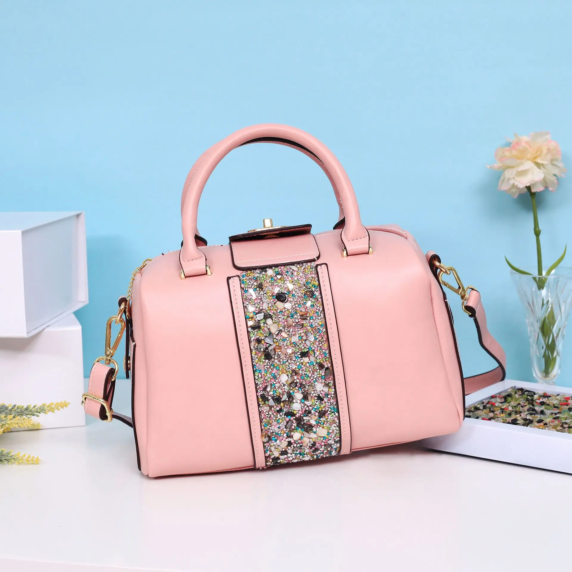 

Lady Boston Bag Women Messenger Diamonds Luxury Handbag Pu Leather Designer Color Red/black/pink/white/blue Bolsos Brand