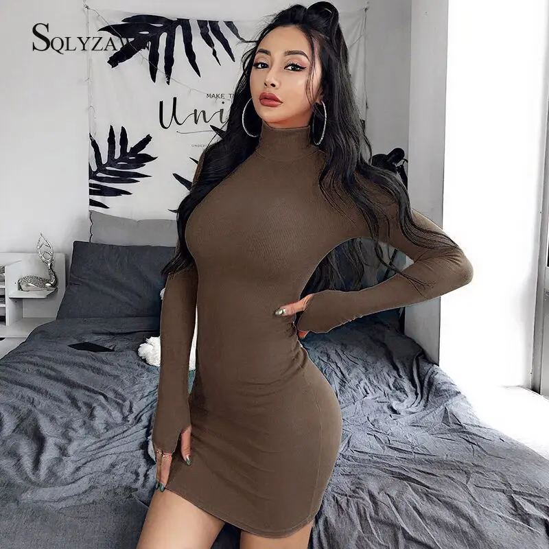 

Women Turtleneck Long Sleeve Skinny Mini Dress Fall Winter Solid Casual Basic Short Vestidos Sexy Bodycon Stripe Club Clothes