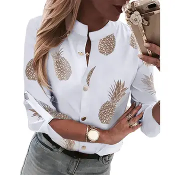

Womens Plus Size Roll Up Long Sleeve Shirt Metallic Pineapple Printed Stand Collar Blouse Button Down V-Neck Casual Loose Tops