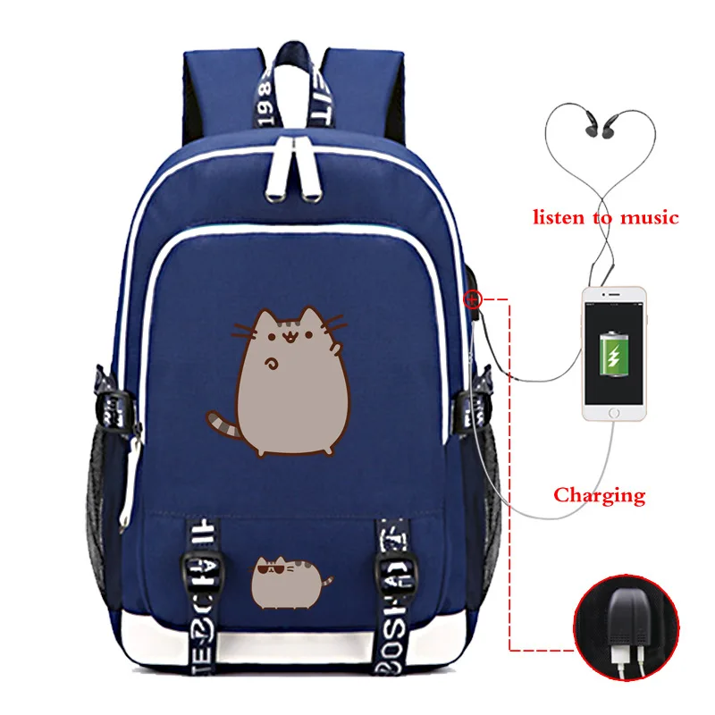 014 Забавный Pusheen напечатанный usb зарядный наушник отверстие рюкзак для учеников, мальчиков и девочек Плечи сумка путешествия повседневные Рюкзаки - Цвет: 014