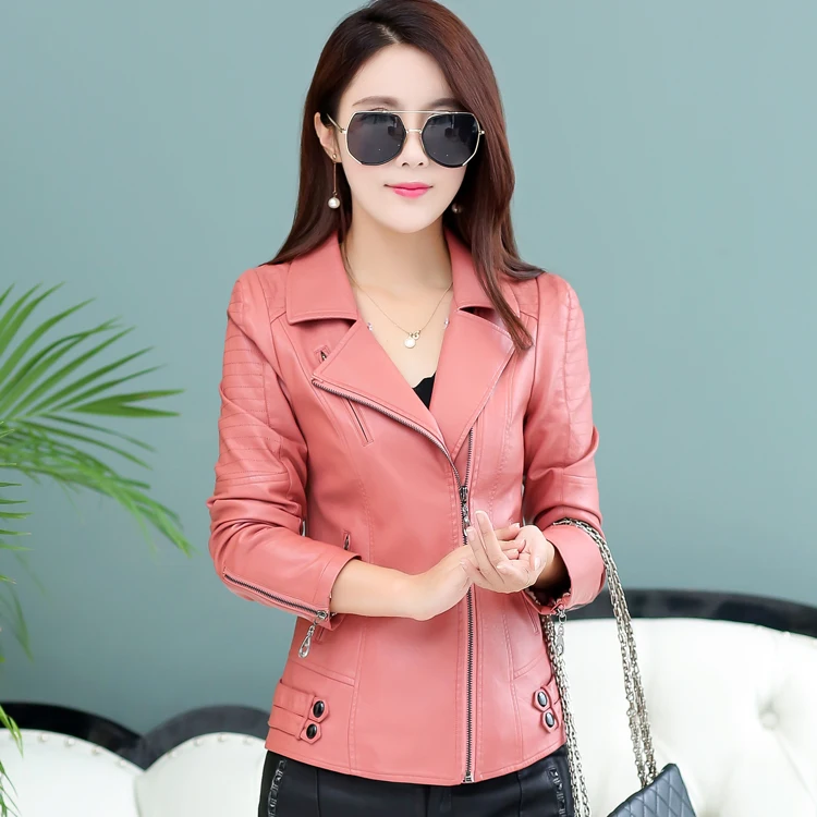 Pink Plus Cotton Осенняя женская куртка из искусственной кожи, зимняя короткая приталенная куртка размера плюс 4XL с отложным воротником на молнии, Женская мотоциклетная куртка, женская верхняя одежда - Цвет: Pink Plus Cotton