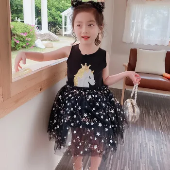 

Summer Girls Dresses Soft Stars Unicorn Dress Little Girl Sleeveless Fluffy Tutu Dress Princess Gown Kids Party Clothes