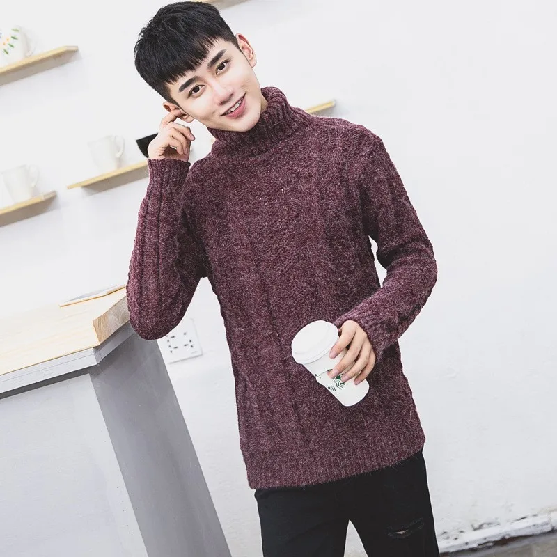 Wine red Зимний теплый мужской женский свитер с высоким воротником для влюбленных, утолщенный вязаный свитер, облегающий Топ Hombre, корейский Повседневный пуловер с длинными рукавами, S-2XL - Цвет: Wine red