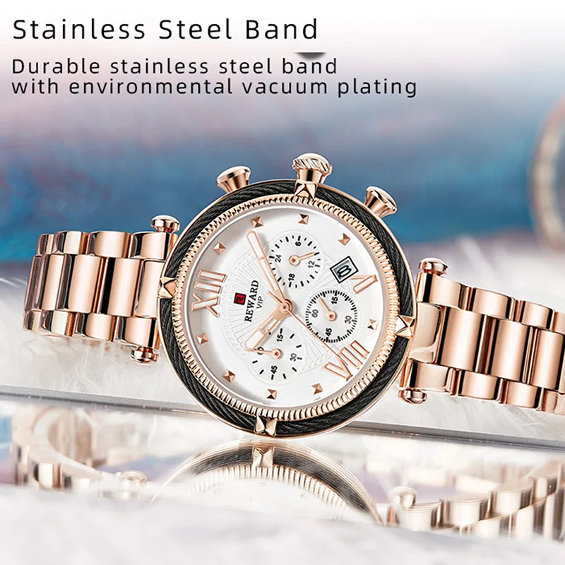 REWARD Fashion Women Wristwatch Stainless Steel Strap Quartz Watches Chronograph Calendar Waterproof Wrist Watch Gift for Wife