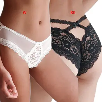 

Womens Erotic Sheer Mesh Low Rise Briefs Lingerie Floral Lace Seamless French Style Cross Back Bowknot Panties Underwear