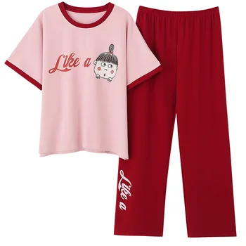 

Cartoon Pattern Round Neck Women 2 Pieces Pajamas Set Cotton Girlfriend Gift Sleepwear Homewear Sexy Lingerie Short Sleeve M-XXL