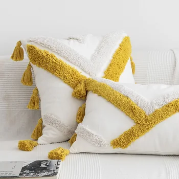 

Handmade Moroccan Style Cushion Cover Abstract Zigzag Navy Blue Yellow Pillow Cover with Tassels 45x45cm/30x50cm HomeDecoration