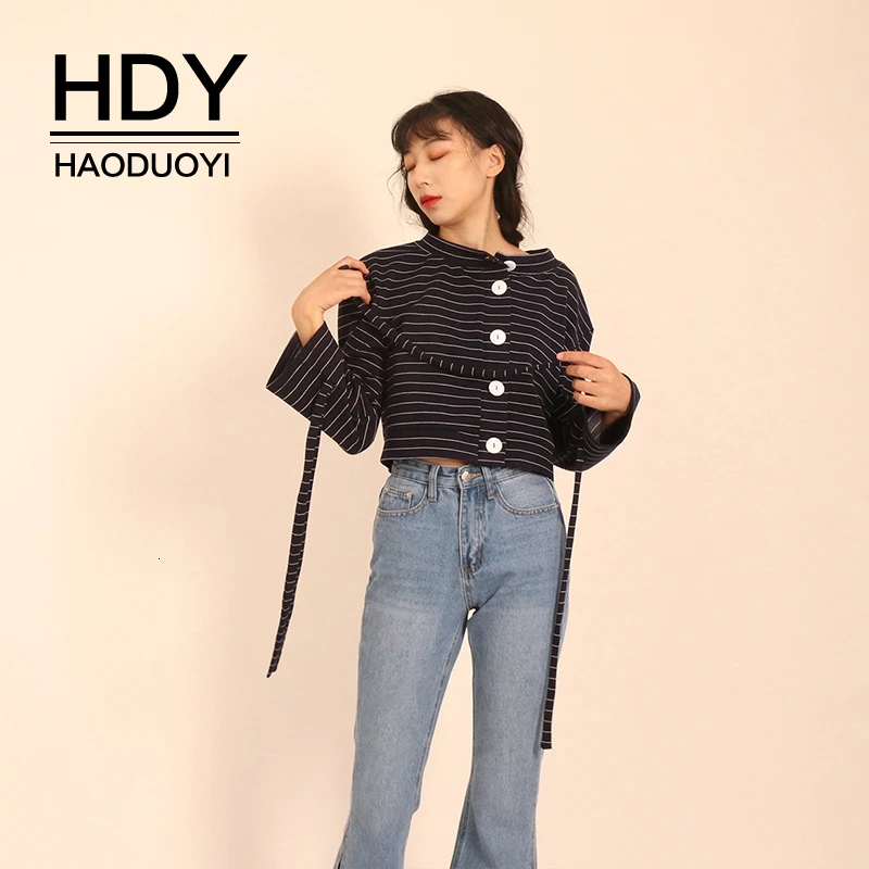 

HDY Haoduoyi 2019 New Arrival Autumn Fashion Clothing Stylish Sweet Kawaii Striped Satin Fabric Loose Long Sleeve Shirt
