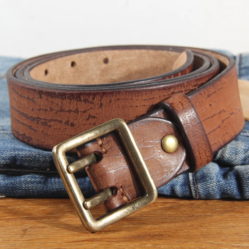 Men's 100% Cowhide Double Prong Buckle Heavy-duty Belt Fashion Jeans Belt Brown 3.8cm Wide Two Row Stitch Durable Work Belt