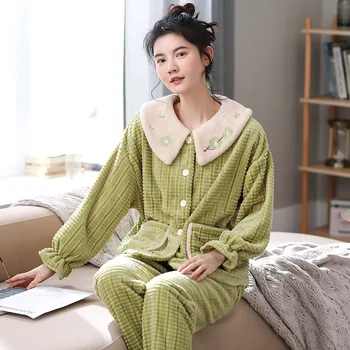 

Pajamas women can wear long sleeves, doll collar padded cardigan, home pajamas, cute coral fleece suit