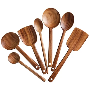 

7Pcs Long Handle Wooden Cooking Utensil Set Non-Stick Pan Kitchen Tool Wooden Cooking Spoons and Spatulas