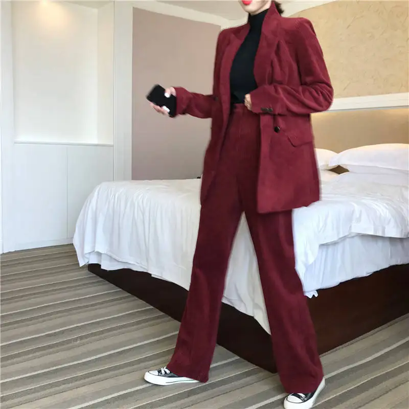 JuneLove Autumn Solid Women Elegant Corduroy Blazer OL Notch Collar Jacket Female Wine Red Double Breasted Coats Outwears Bottom