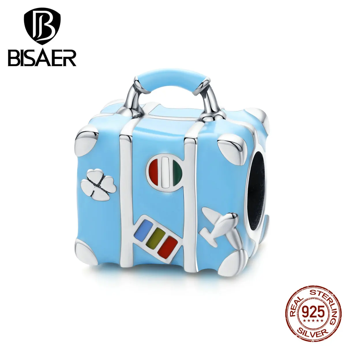 Travel Charms BISAER Hot Sale 925 Sterling Silver Travel Suitcase Box Beads Blue Charms fit Women Bracelets Jewelry ECC1377