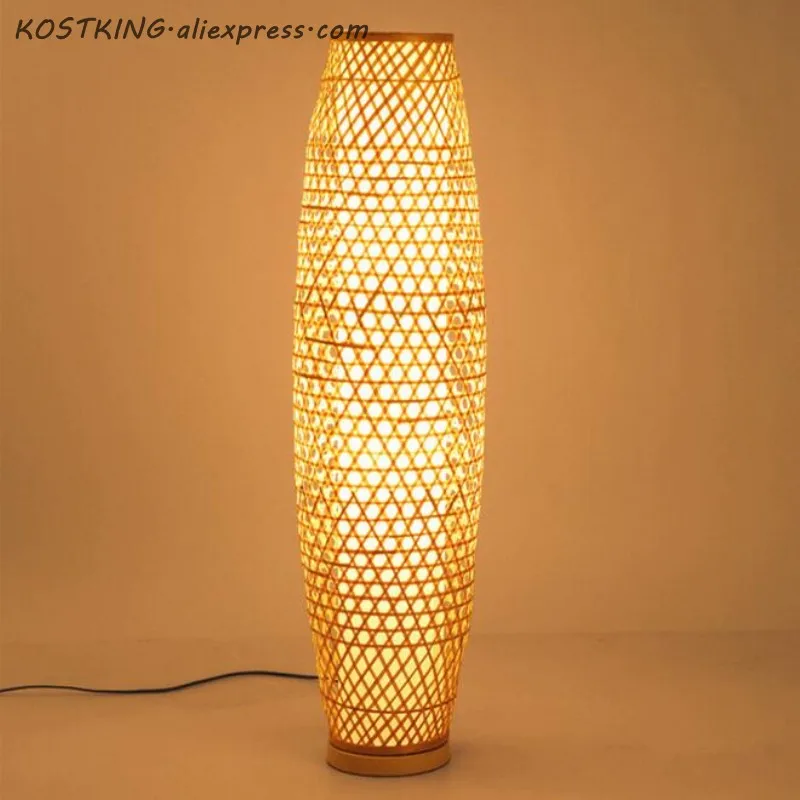 Bamboo Wicker Rattan Shade Floor Lamp Fixture Rustic Asian Night Standing Light 