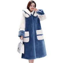 Новое зимнее шерстяное пальто женский воротник из густого меха с капюшоном куртка из овечьей шерсти Женский Элегантный Плюс Размер Длинная шерстяная Верхняя одежда G597